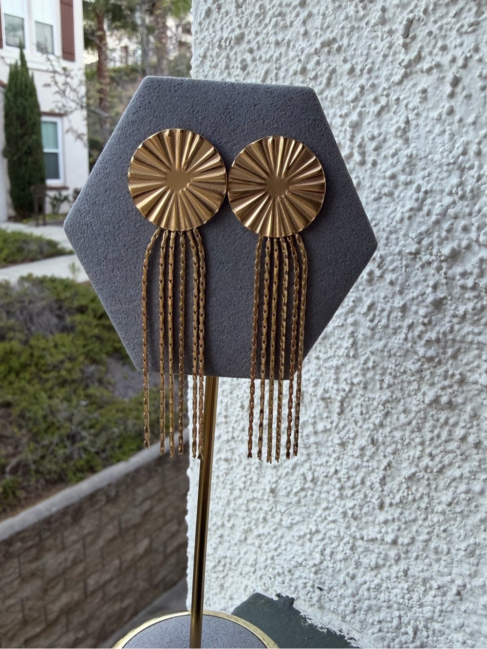 Gold Disc Tassel Statement Earrings – Long Chain Fringe Earrings - Picture 2 of 3